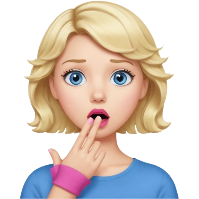 Girl Blonde short wavy hair,  blue eyes, cute blue top, long lashes, pink lips, shocked, hand over the mouth emoji