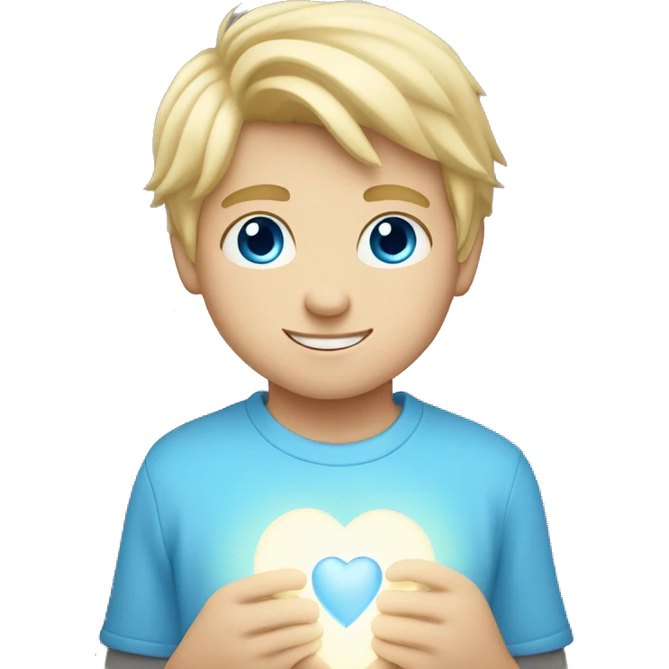 blonde blue eyed boy holding light blue heart emoji