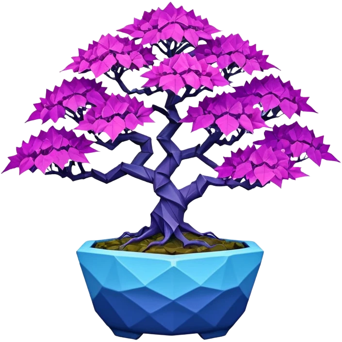 Futuristic wild alien maples Bonsai hair-fine-leaf group crimson crystal azalea purple and cream blue forest planting in shallow origami style pot  emoji