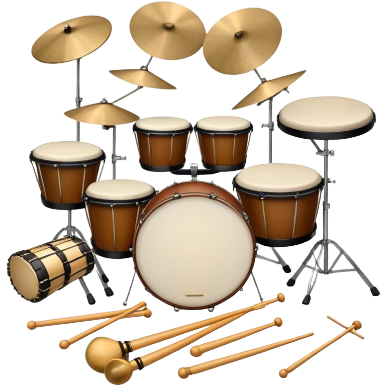 Create a professional, emblem-like emoji representing percussion instruments, including both traditional and folk drums. Feature a snare drum, bass drum, timpani, cymbals, marimba, tambourine, djembe, bongos, cajón, triangle, castanets, and ratchets in a balanced, heraldic composition. Crossed drumsticks at the center symbolize rhythm, while a ribbon of musical notes weaves around the instruments. Use rich gold, mahogany, and silver tones with polished highlights. Add laurel wreaths and subtle engravings for a grand, festive feel. The design should be harmonious, visually complete, and on a transparent background. emoji