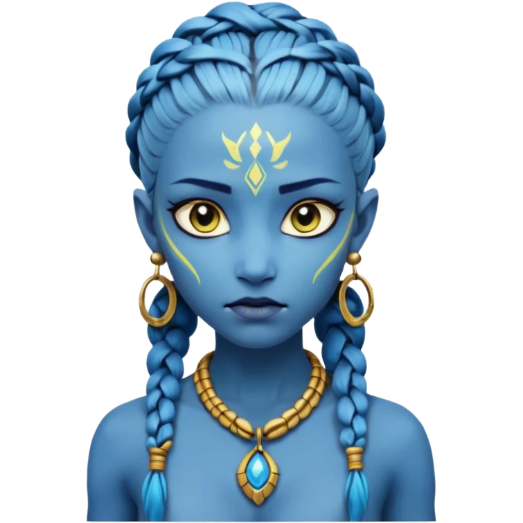 Create an icon of a Na’vi-inspired female character with glowing blue skin, braided hair, tribal forehead markings, large expressive eyes, gold earrings, and a rope necklace with a golden pendant. The expression should be calm and serious, matching the style of the movie Avatar emoji