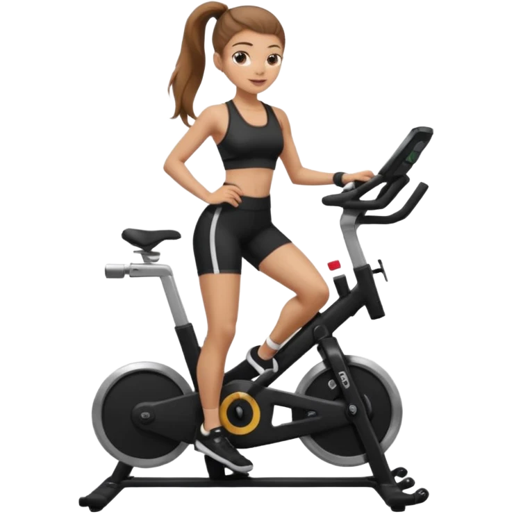 Light skin girl with long light brown hair in a pony tail, black workout set leaning on a indoor spin bike with NO HELMET,  emoji