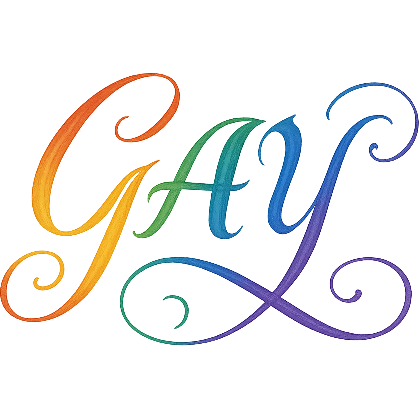 the word GAY in calligraphy style with rainbow ink emoji