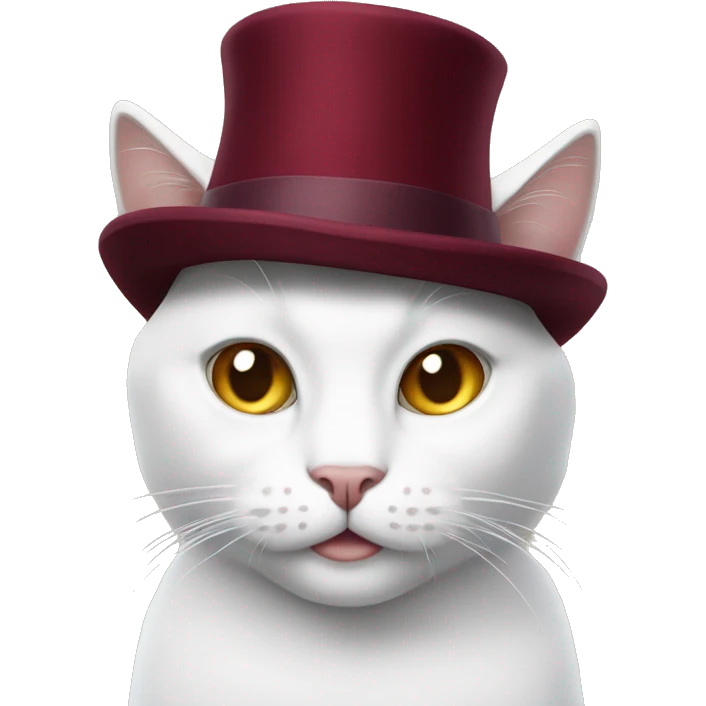 white cat with a New Year's burgundy hat on his head emoji