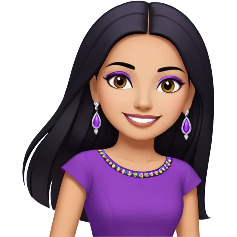 beautiful woman boss, with long straight black hair, with make up, black eye liner, smile, mexican, brown skin, wearing purple dress white earings, she stand up,  emoji