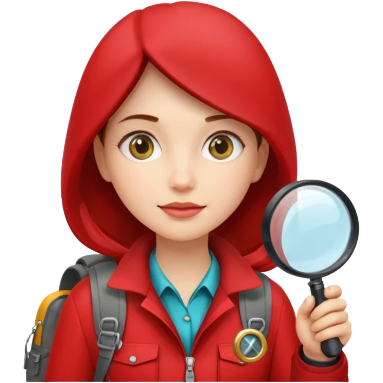 Explorer woman with red jacket backpack and magnifying glass emoji