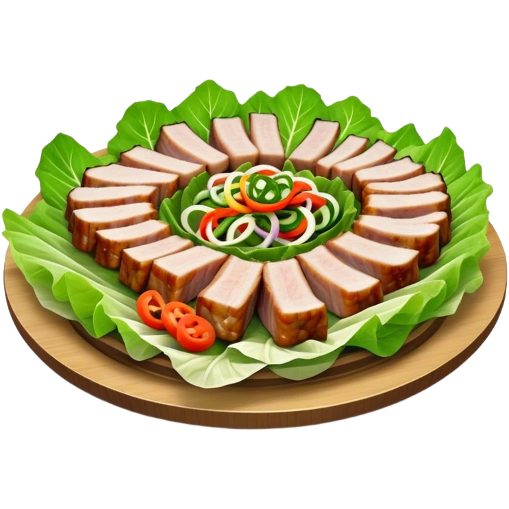 Samgyeopsal Cinematic Realistic Samgyeopsal Dish Emoji, depicted as slices of grilled pork belly served in crisp lettuce leaves with assorted fresh vegetables, rendered with dynamic textures and appetizing, natural lighting. emoji
