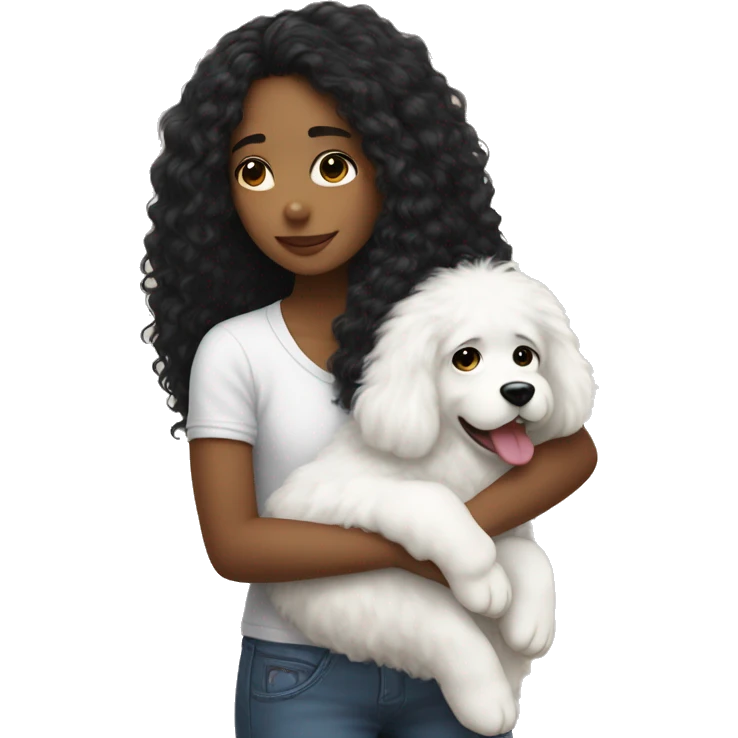 A girl with long black curly hair, hugging a big white fluffy dog  emoji