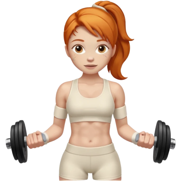 Ginger gym girl with dumbbells and cream gym clothes emoji