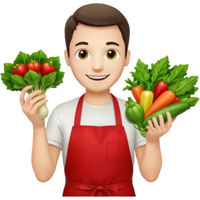 guy white t-shirt red apron smiling with vegetables emoji