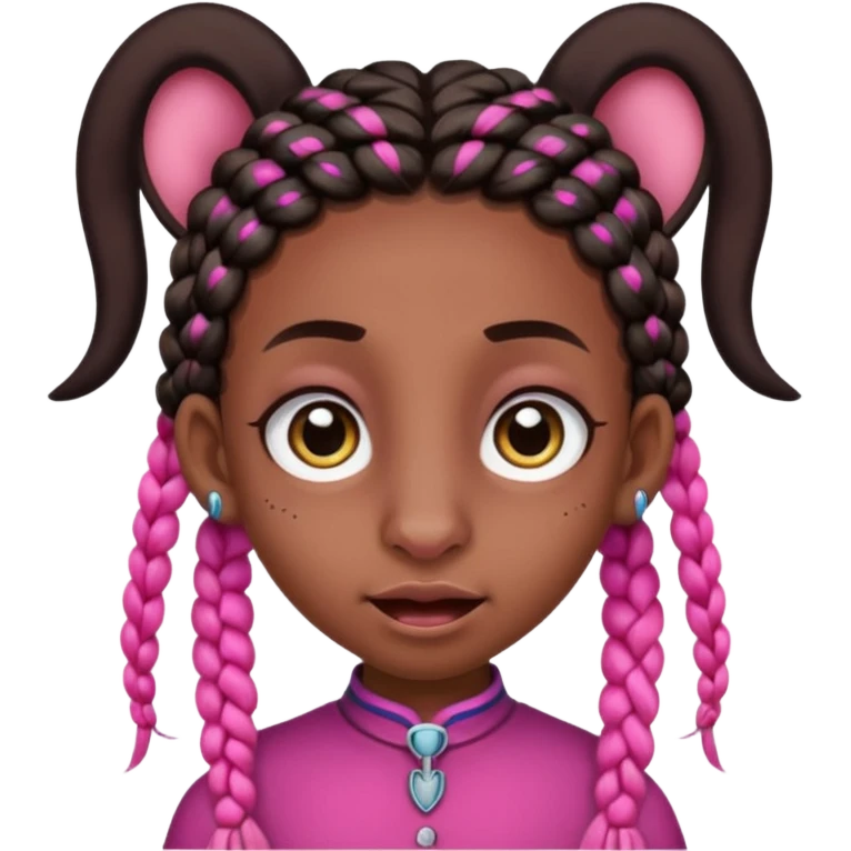 arikan, dark long hair whit pink and black braids. brown skin, smal face and a super big nose and super big ears. big eyes. big mouth emoji
