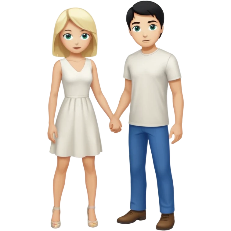 Man, black Hair, blue eyes, whole body, Woman, blonde, green eyes, White Dress, bending knees emoji