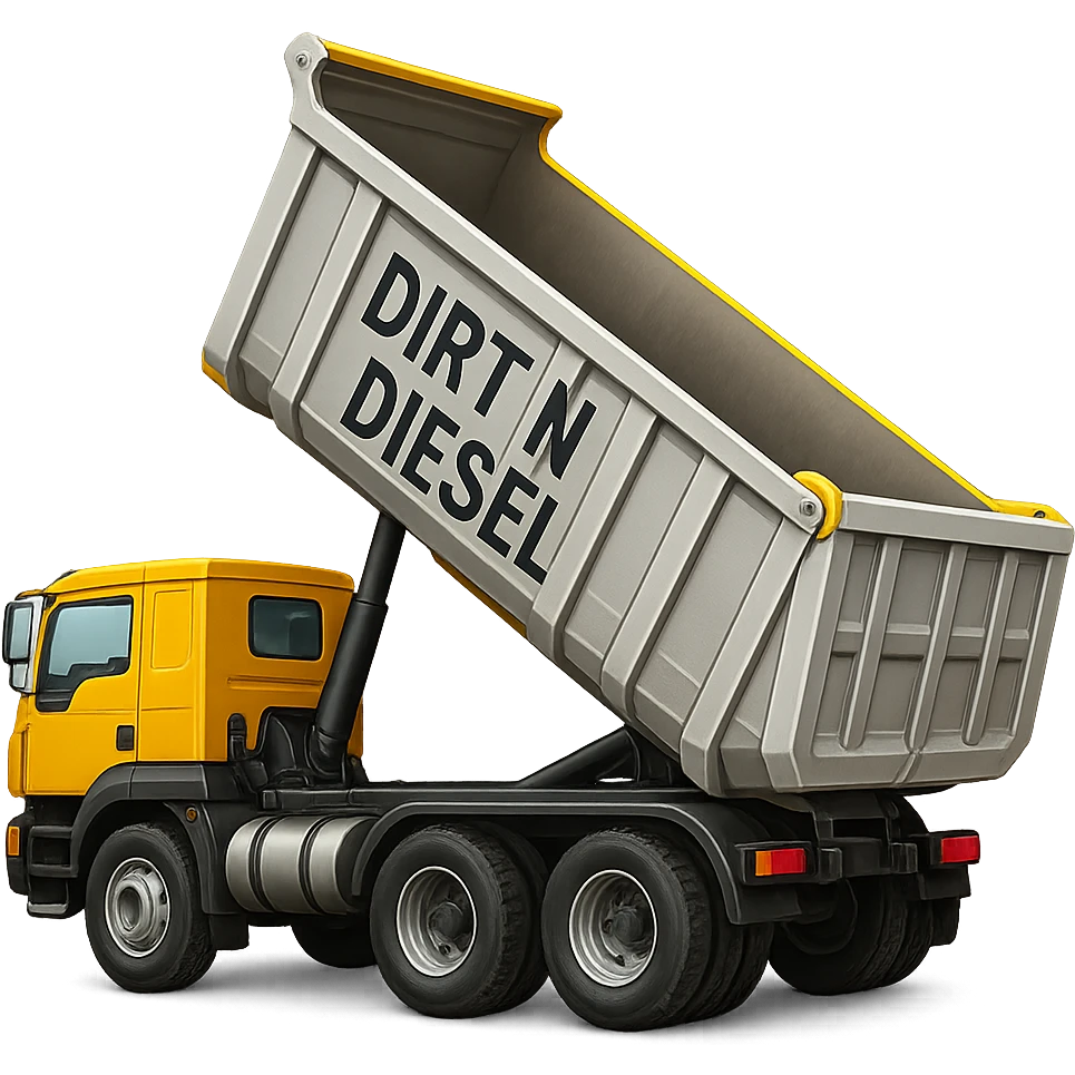 Make the dump end trailer longer and silver, keep the words 'Dirt n Diesel' visible, preserve the emoji style look, no background. emoji