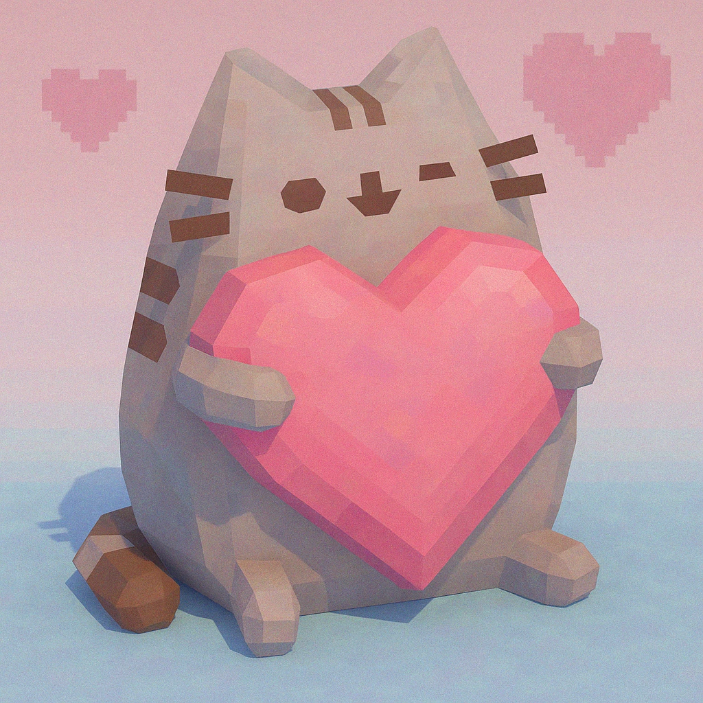 Pusheen hugging a big heart, pastel colors, adorable, low poly 3D style emoji