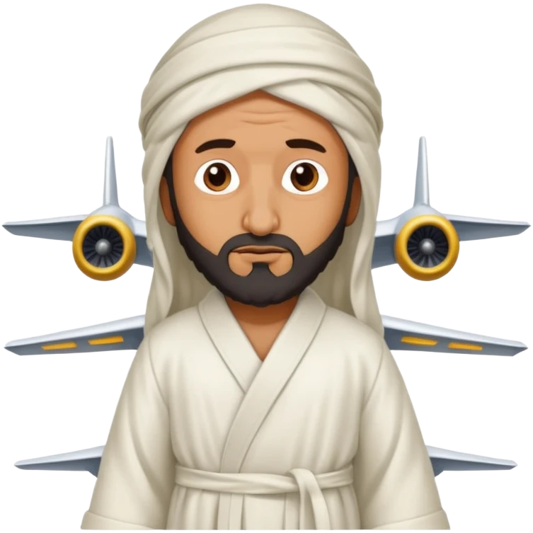 Osama bin Ladin standing on top of a plane with legs and a white robe standing on top of the plane emoji
