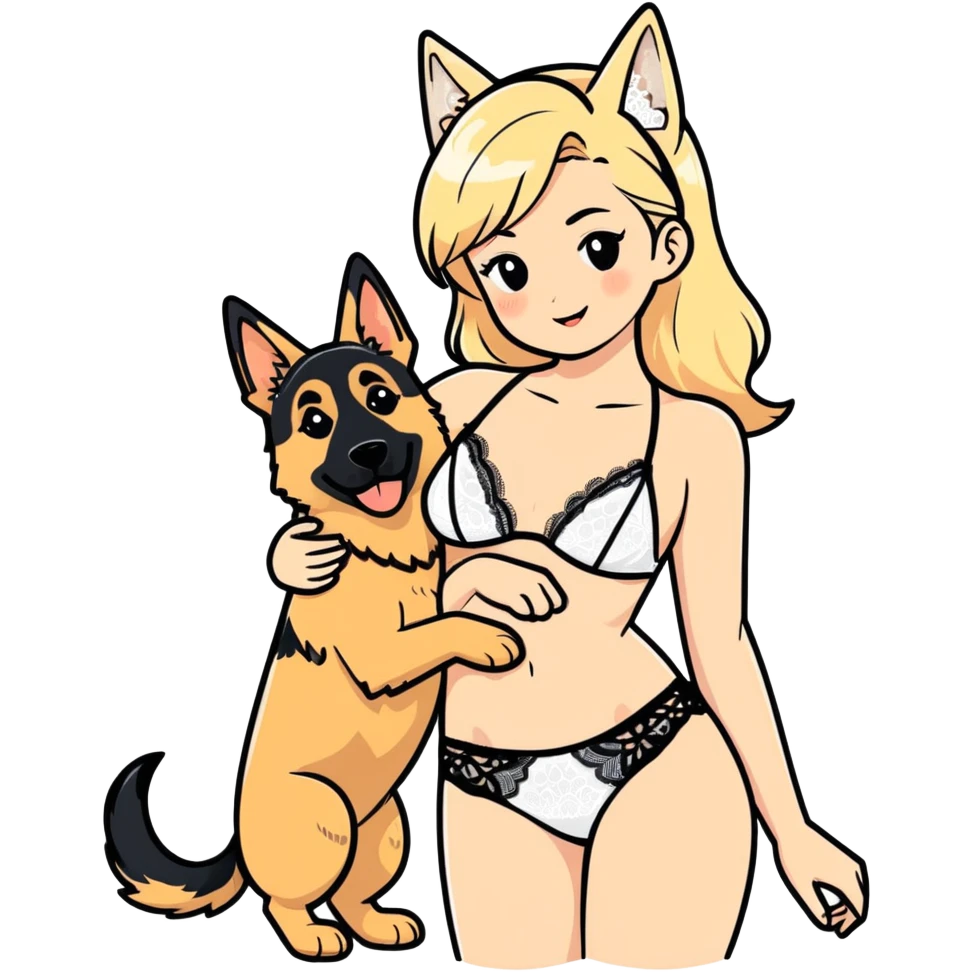 petite blushing subby blonde human woman white lace bikini romance with large German shepherd  emoji