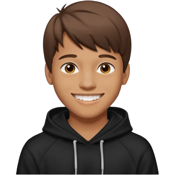 20 yr old man, brown hair, straight, big smile, white teeth, tanned skin, bangs, black hooded sweatshirt emoji