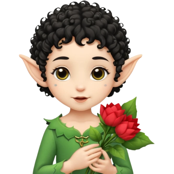 Tiny elf baby black curly hair with pointy ears, hold flowers emoji