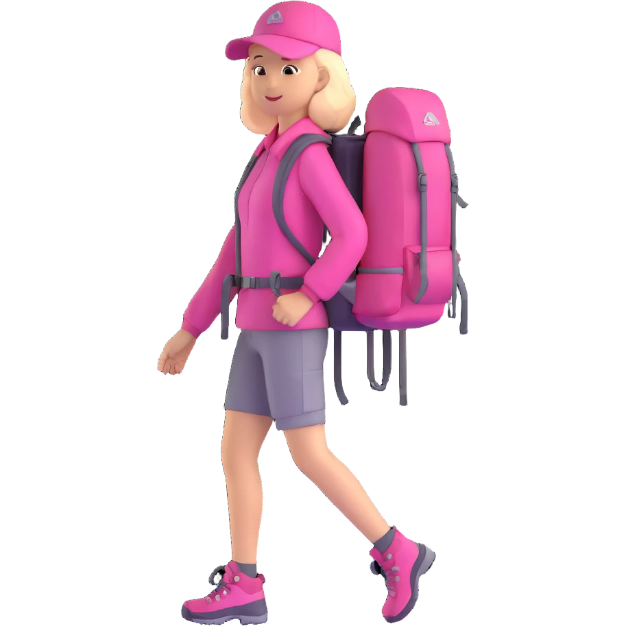 woman wearing pink clothes with hiking backpack emoji