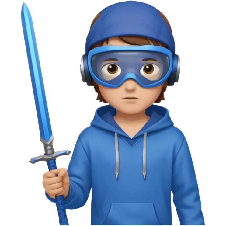 a boy with brown hair, a blue vr headset. a blue hoodie and a blue sword and show the hair emoji