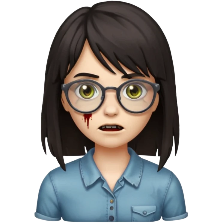  iPhone emoji is a zombie girl with dark hair long below her shoulders bangs and a ragged haircut gray eyes glasses  emoji