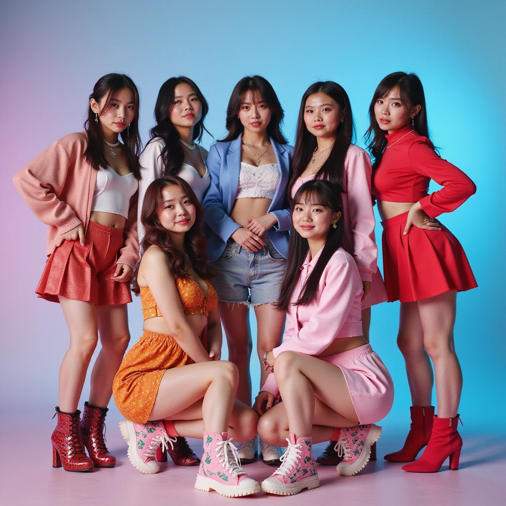Blackpink, K-pop group, group pose, vibrant stage outfits, energetic, photorealistic style emoji
