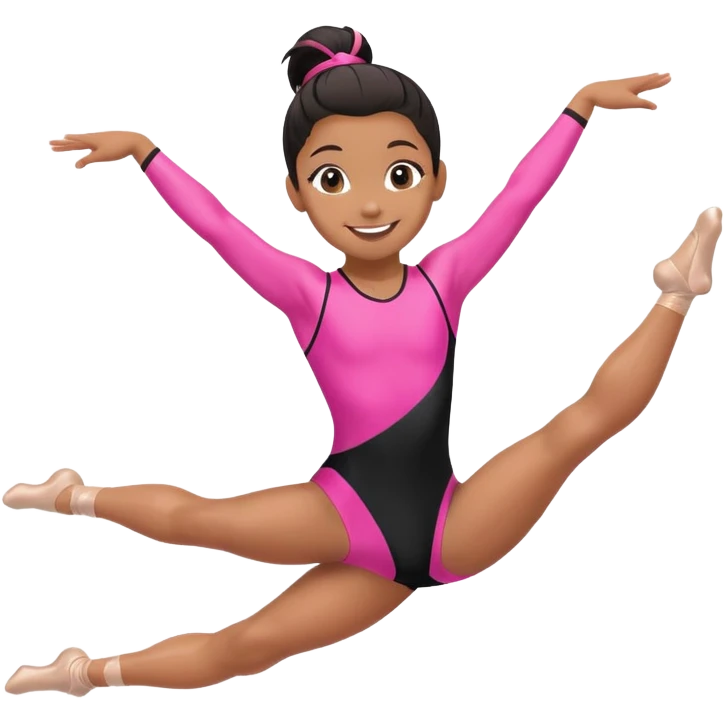 "A gymnast in black and minimal pink outfit with a smile and a look of surprise (normal skin) emoji