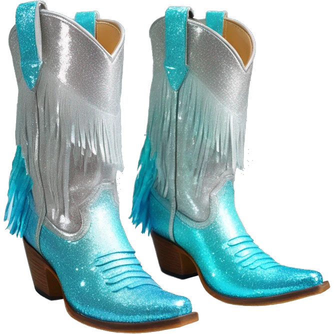 Realistic silver and robins egg blue ombre pair of fashion cowgirl boots with sparkly shiny glitter fringe on them. emoji