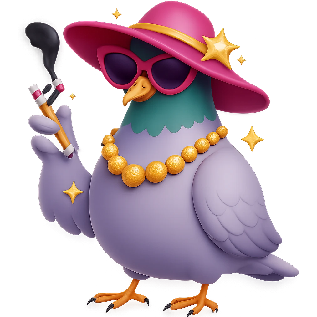 Make the pigeon more fabulous with a stylish hat, keep the cigarette, add vibrant and glamorous details in a 3D emoji style. emoji