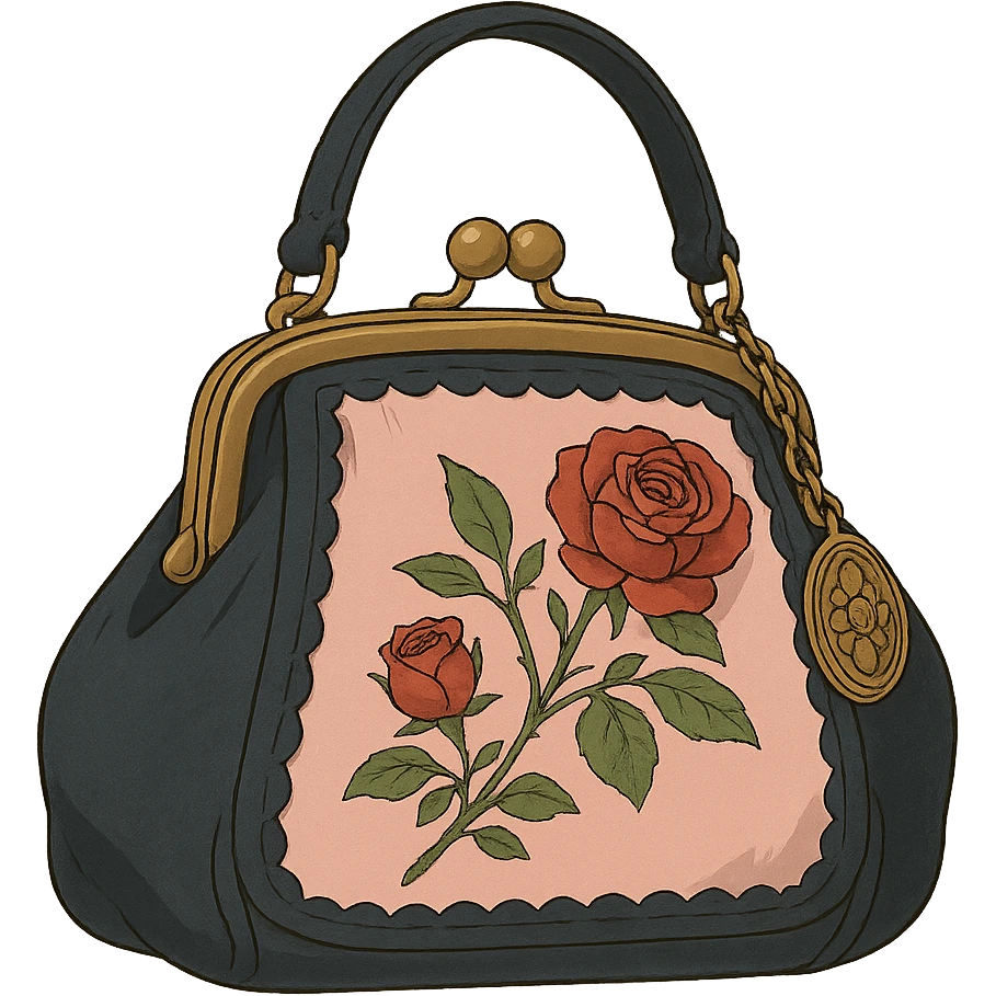 Pink and black gothic purse in Ghibli style, rose embroidery, vintage charm, dreamy atmosphere, no background emoji