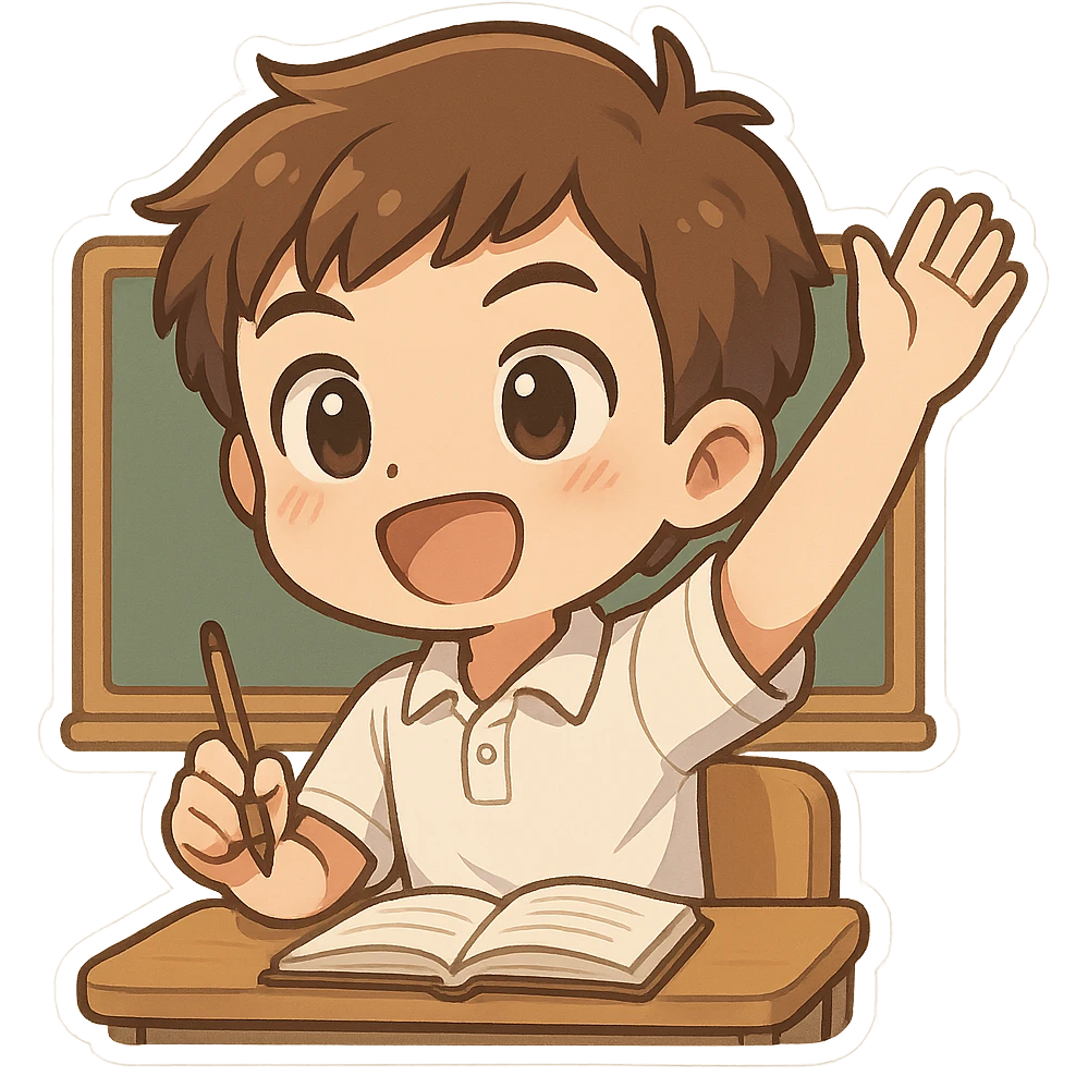male student wearing a white polo shirt, actively participating in a school activity, energetic and engaged, classroom setting, chibi sticker style emoji