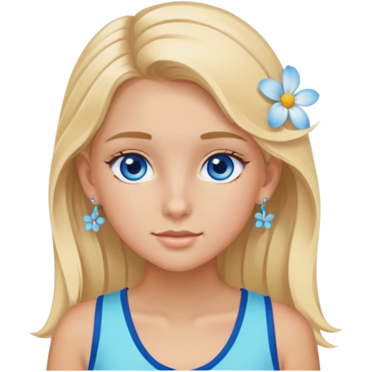 preppy coastal teen girl with blue eyes, beach blonde hair, tan skin, small flowers in her ear, preppy beach outfit emoji