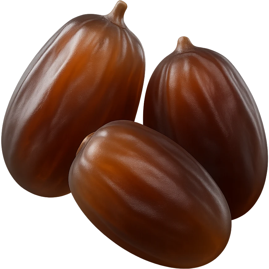 Show exactly two or three whole dates, glossy brown skin, slightly wrinkled, plump and soft, natural shape and color variation from deep amber to mahogany. Clustered together, no plate or extra elements, no faces. Clean 3D, soft shadows, transparent background, emoji scale. emoji