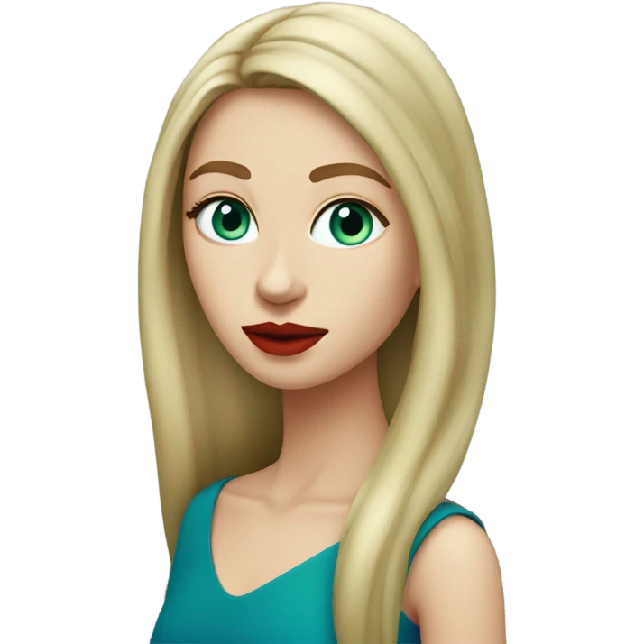 straight long curred hair, tomato red lipstick, blue-green bright eyes, white skin and a very small sharp nose emoji
