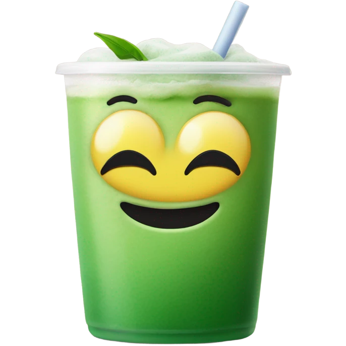 Smiley face with big eyelashes, lipstick, pouting while drinking an iced matcha emoji