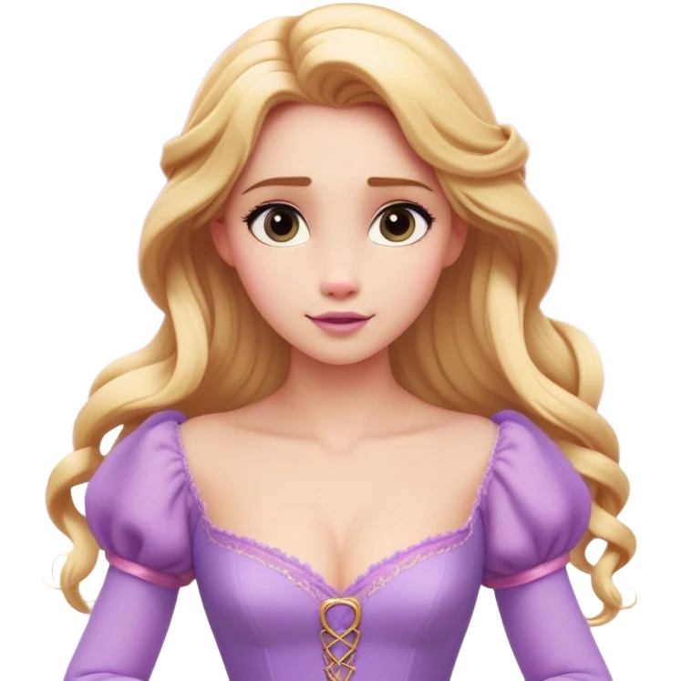 Cinematic Realistic Rapunzel Portrait, with porcelain-like skin featuring a subtle, natural glow, illuminated by soft lighting that brings out the gentle contours of her face. Her long, golden blonde hair cascades in detailed waves, each strand highlighted with a radiant shimmer as it catches the light. Her bright, expressive green eyes exude curiosity and warmth, framed by delicate lashes and soft, arched brows. Her expression is playful and vibrant, with a gentle smile. She is dressed in her classic lavender and pink gown, the fabric textured with delicate folds that flow naturally, catching the light with a soft, radiant glow. The portrait captures a luminous, enchanting aura, seamlessly blending realism with a whimsical, fairytale charm, evoking a timeless sense of beauty and magic. emoji