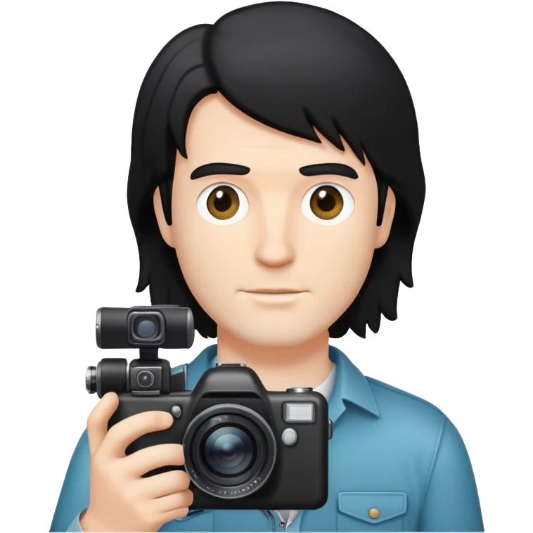 a white man with black mullet hair holding a foto camera emoji