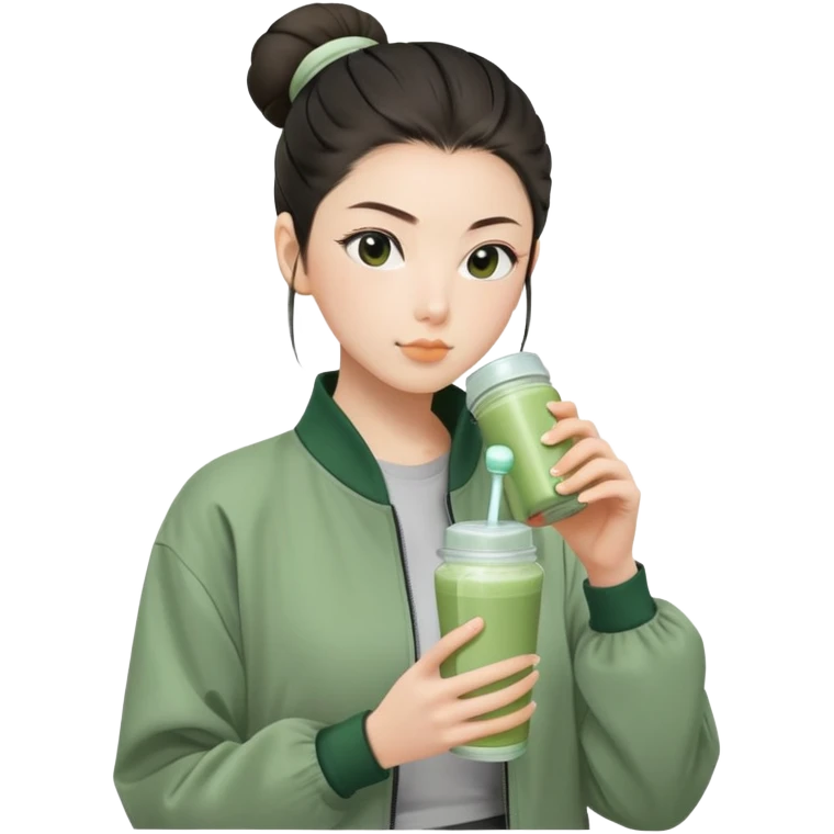 Japanese girl with sage green jacket drinking pre workout shake middle part slick back bun emoji