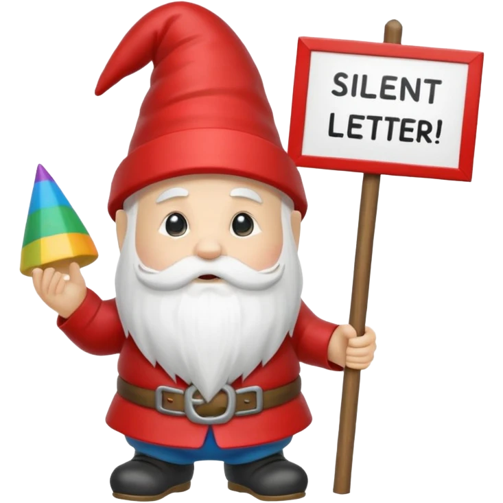 A zen rainbow garden gnome, holding a sign reading "Silent Letter Day, who's with me?” emoji