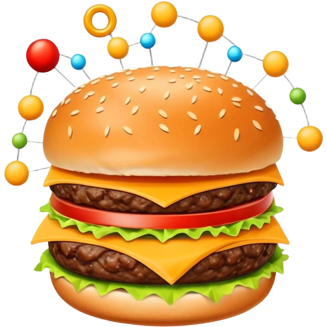 burger with electrons orbiting around it, atom structure emoji
