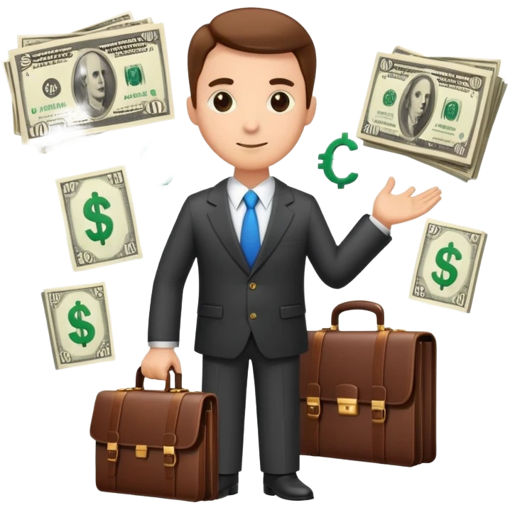financial expert with business suit, briefcase, charts and money symbols emoji