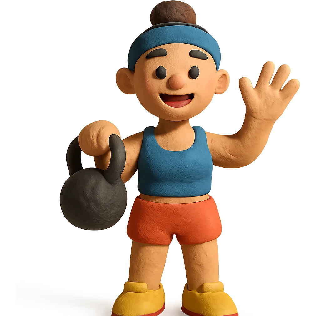 sport girl with kettlebell in one hand and waving hello with the other emoji