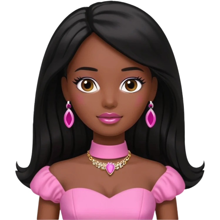 Darker skin Black barbie, long black  hair, pink dress emoji