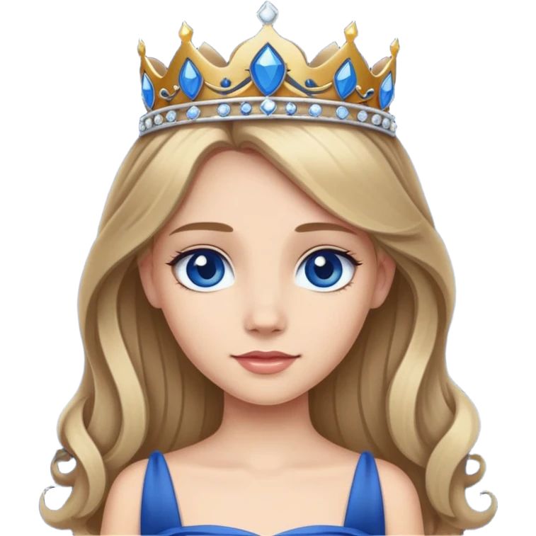Long, dark blonde haired dark blue eyed princess with tiara and in dark blue dress emoji