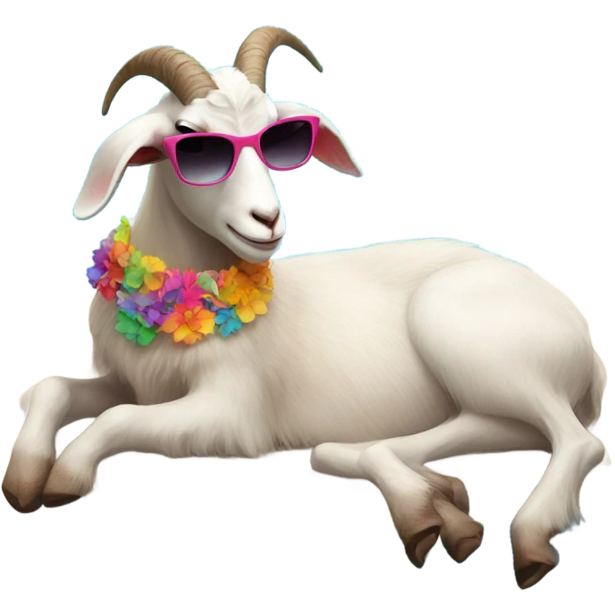 Goat laying by a pool wearing sunglasses and a skirt emoji