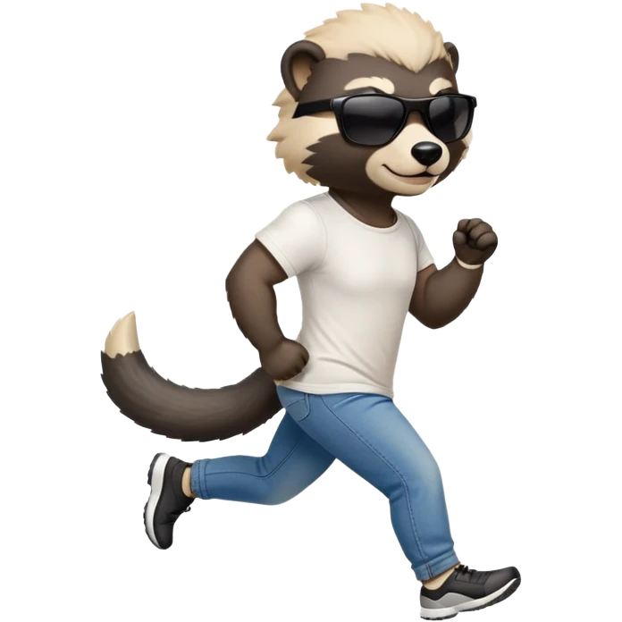 friendly anthropomorphised honey badger in jeans and a t-shirt, wearing sunglasses, jogging upright, relaxed pose emoji