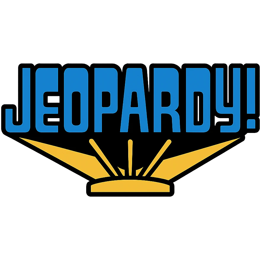 Jeopardy game show logo, bold blue and gold colors, dramatic lighting, clean icon style emoji
