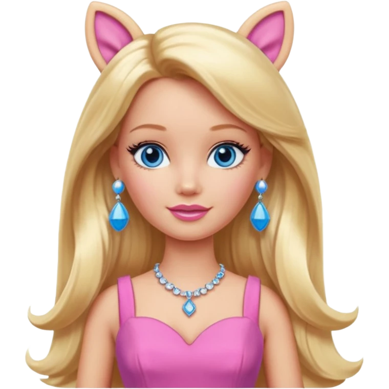 barbie, long blonde hair, pink dress, with blue eyes,different dress, big ear rings emoji
