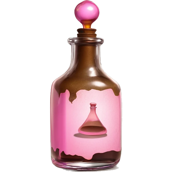 Mysterious Alchemical vintage glass potion bottle, exquisite bottle shape, old and shabby, with label, stylish and minimalistic, brown and pink, oil potion is poured out of the bottle, oil is spilled next to it emoji