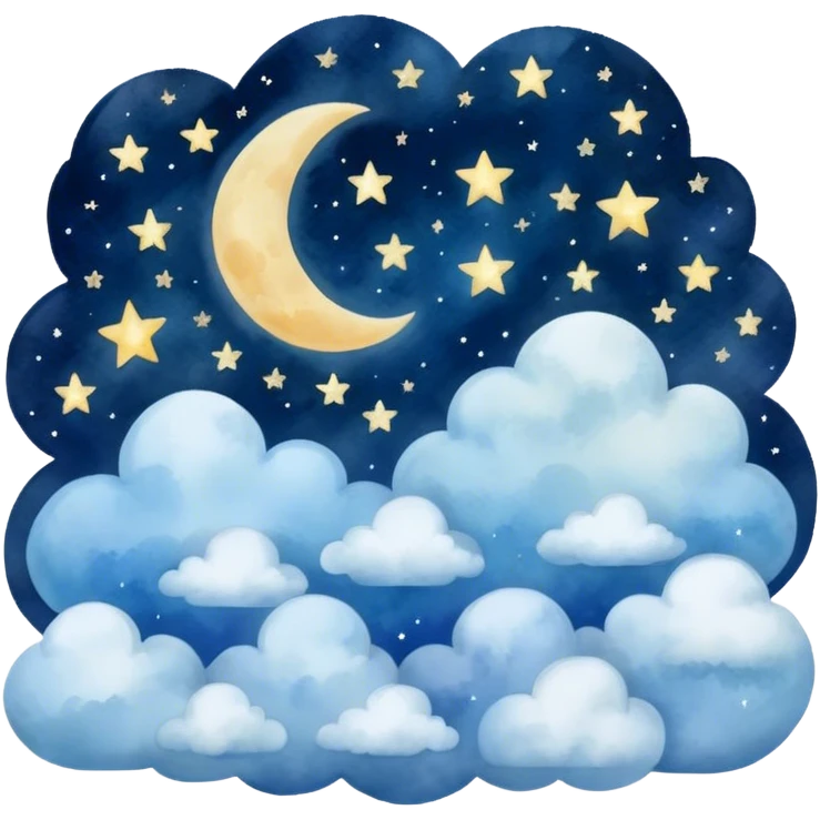 "A dreamy blue celestial night with stars, moon, and clouds, watercolor style." emoji
